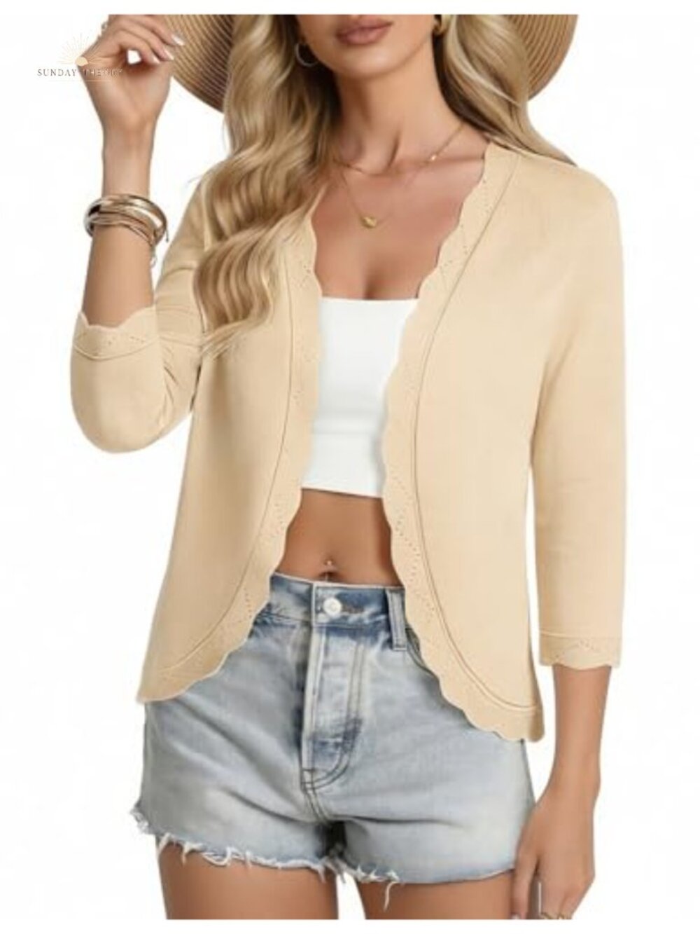 Womens Lightweight 3/4 Sleeve Cropped Cardigan Sweater Open Front Scalloped